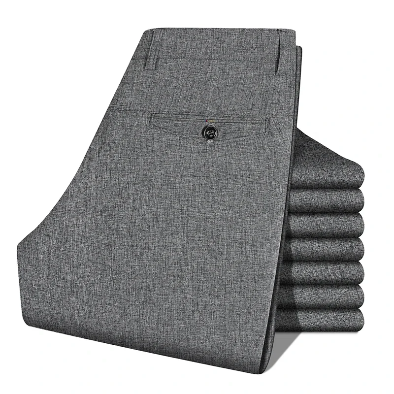 Calças Masculinas de Linho Texturizado, Corte Reto, Comprimento Total, Casual de Negócios, Com Botão Único e Zíper, Resistentes a Rugas, Para Escritório