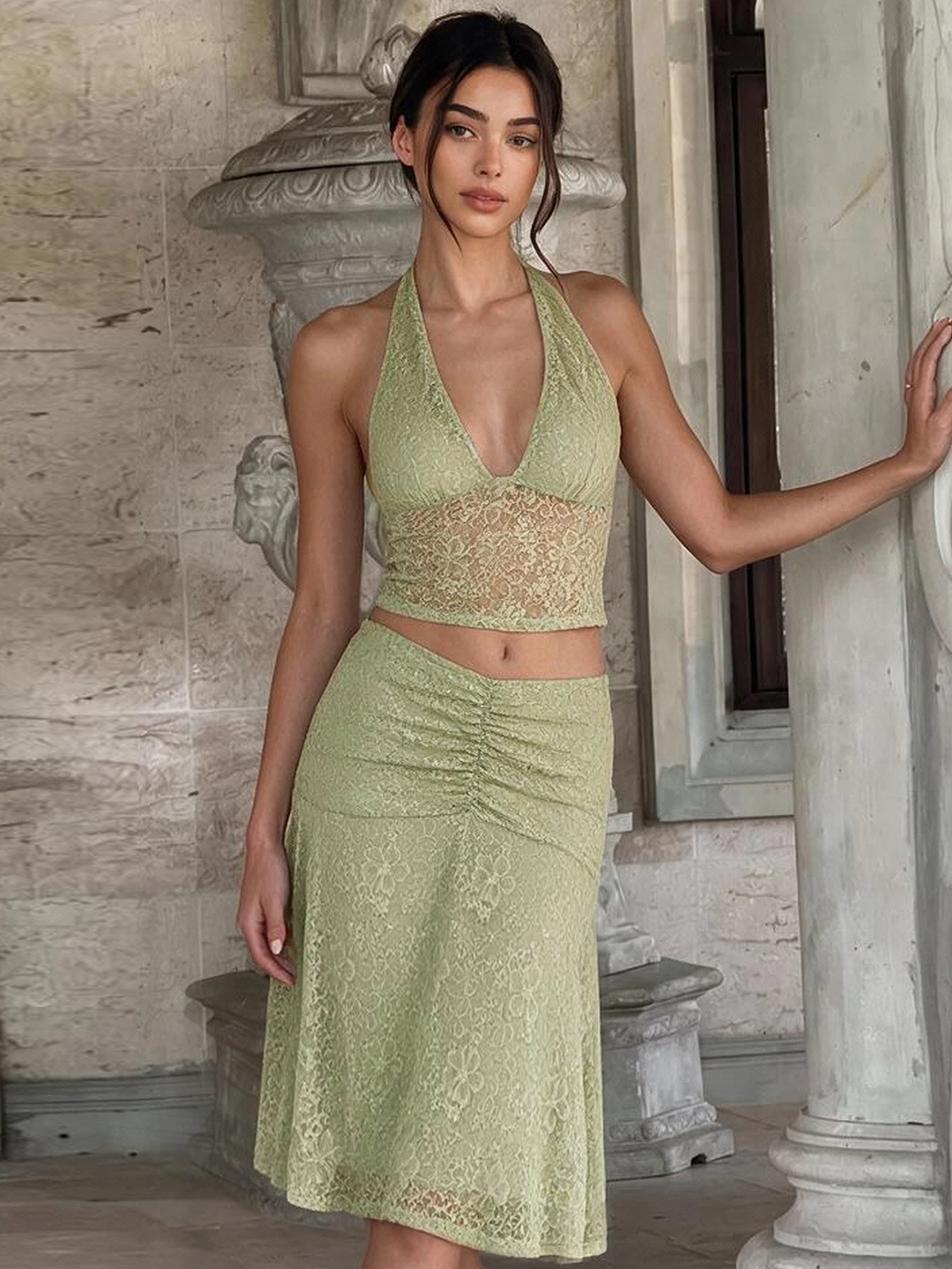 Dulzura Women'S Sexy Elegant Lace 2 Piece Skirt Set Halter Lace Up See Through Tank Top Ruched Slim Fit Midi Skirt Matching Set