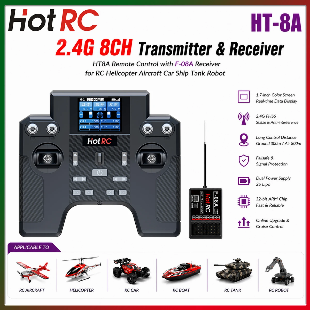 

HOTRC HT-8A 2.4G 8CH Transmitter&Receiver HT8A Remote Control with F-08A Receiver for RC Helicopter Aircraft Car Ship Tank Robot