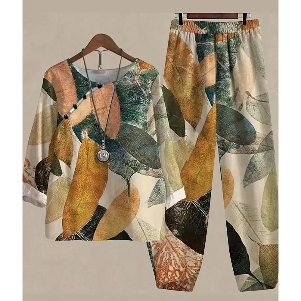 Conjunto holgado de 2 piezas para mujer, camisa de manga corta, Top de cintura alta, pantalones con estampado de flores, traje Vintage elegante para