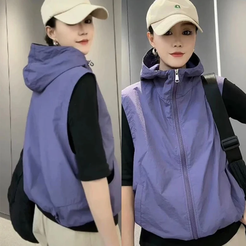 

Casual Sleeveless Jackets for Women Zipper Up Windbreaker Jacket Woman Spring Autumn Sun Protection Hooded Vest Outwear Female