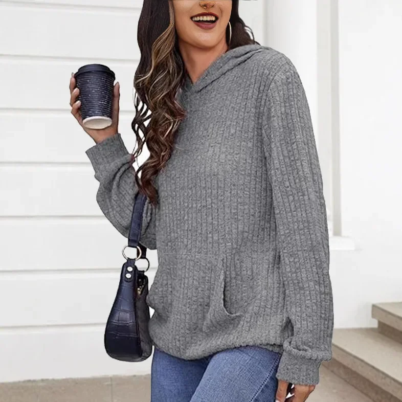 Jesień Zima Nowość z Kieszeniami Długi Rękaw Damska Bluza z Kapturem z Dzianiny w Jednolitym Kolorze Inne Style z Tajwanu