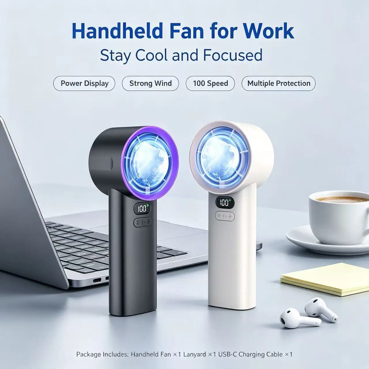 Kühlender Handventilator mit Halbleiter-Technologie, 100 Geschwindigkeitsstufen, Digitalanzeige, Leise, Leistungsstarker Wind, Wiederaufladbar, Tragbar für Outdoor-Aktivitäten