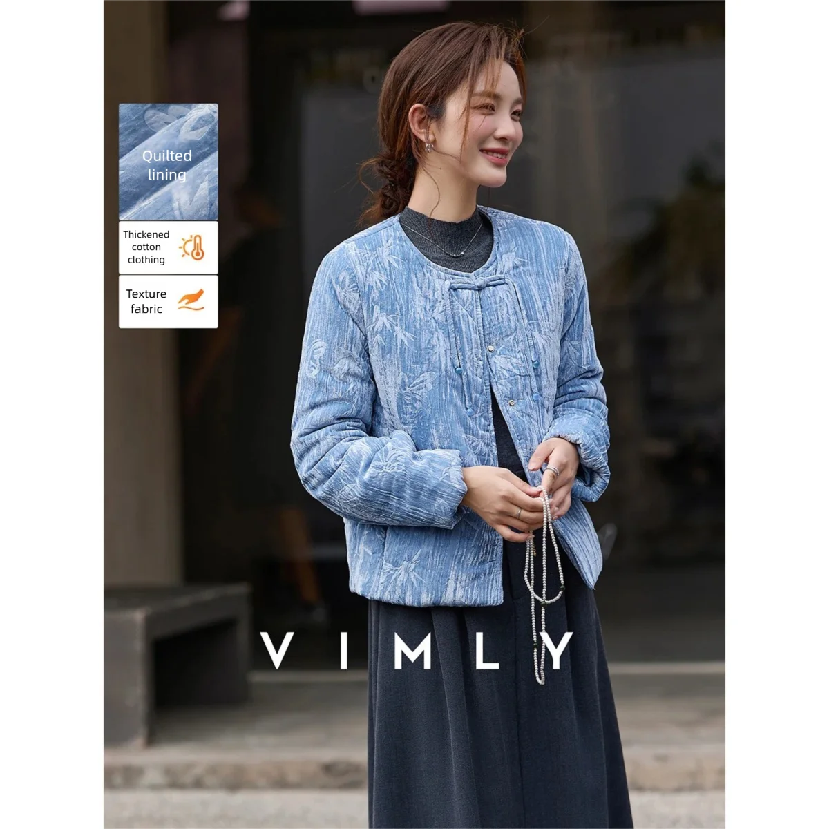

VIMLY новые женские зимние парки 2025, куртка в китайском стиле с круглым вырезом и тиснением, однобортные толстые женские пальто A3773