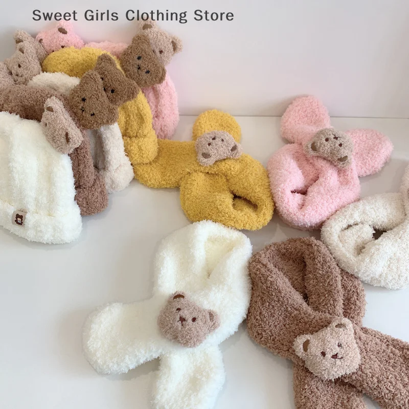 【XJY】وشاح قبعة للأطفال للفتيات والأولاد مجموعة شتوية دافئة على شكل دب كرتوني ملابس مقاومة للبرودة للأطفال وشاح قبعة بدون إطار