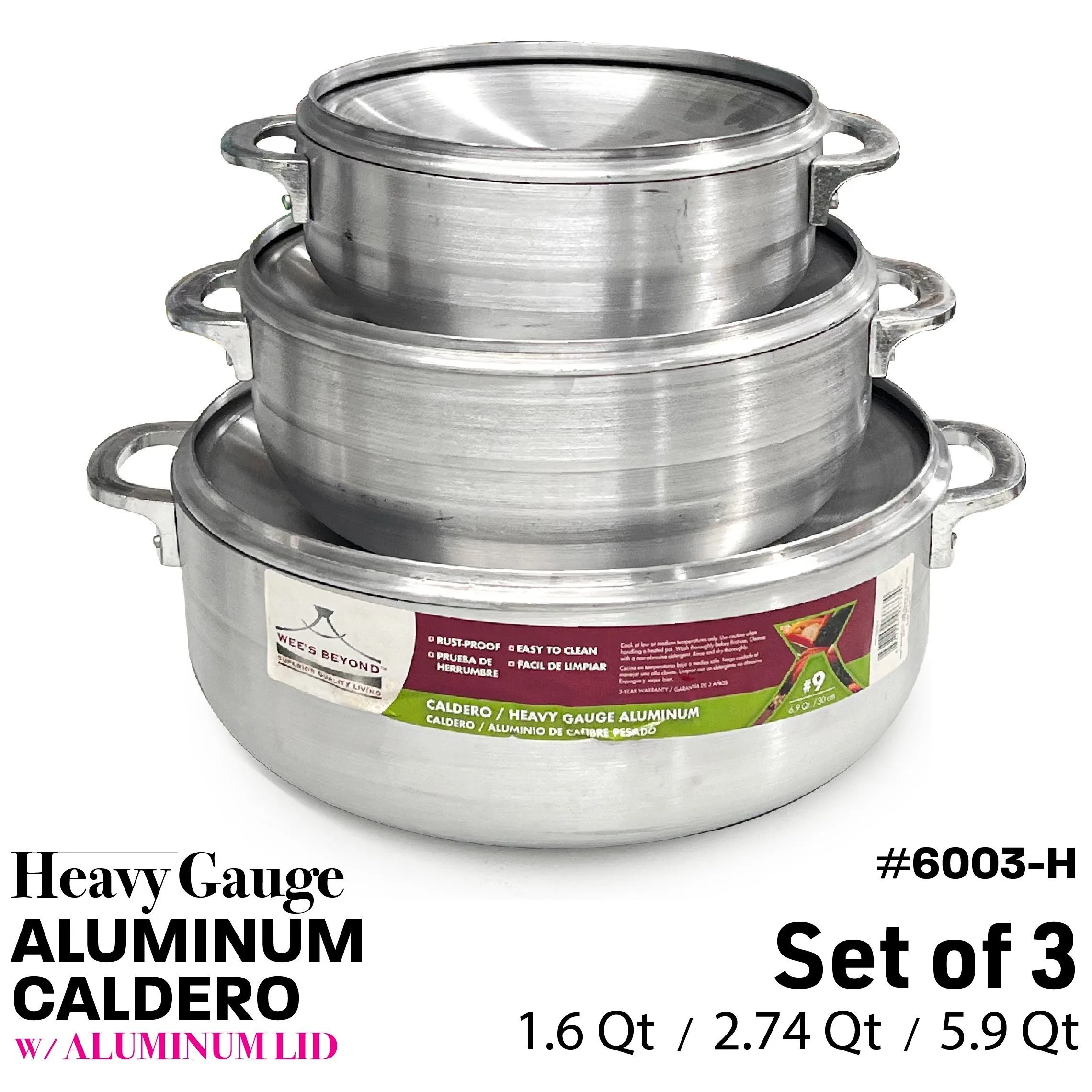 

3 Pcs Set Heavy Gauge Aluminum Caldero with Lid. Set includes 1.6 Qt, 2.74 Qt & 5.9 Qt.