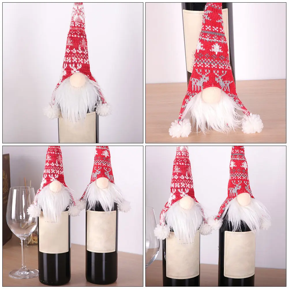 4pcs Gnome Wine Bottle Covers, Christmas Hat Table Decor, Festive Fabric Sleeves for Holiday Gifts & Wrapping
