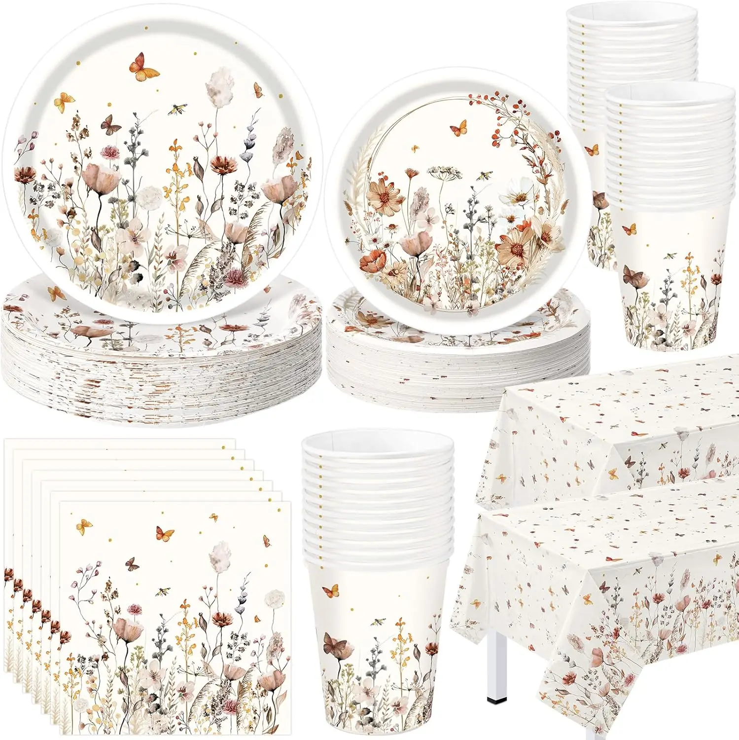 

202 Pcs Fall Wildflower Party Decoration Supplies Brown Floral Paper Plates Napkins Cups Butterfly Wildflower Tablecloth