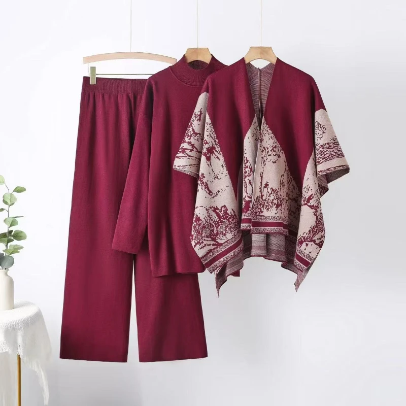 

American style shawl jacket spring and autumn sweater loose wide leg pants three piece set fashionable casual knitted set