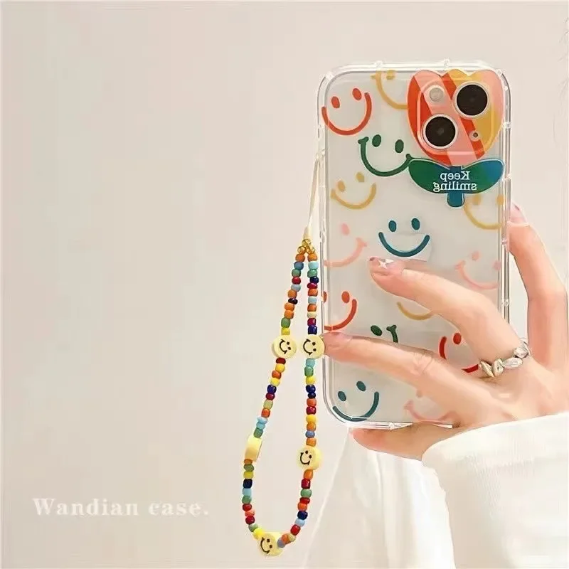 Ins-Style Yellow Soft Ceramic Smiling Face Colored Beaded Phone Chain, Anti Lost Hanging Rope