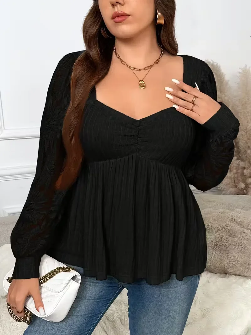 بلوزة نسائية كبيرة الحجم سلسلة أنيقة - كبيرة الحجم لون نقي مرقع شبكة عباد الشمس بأكمام طويلة للنساء