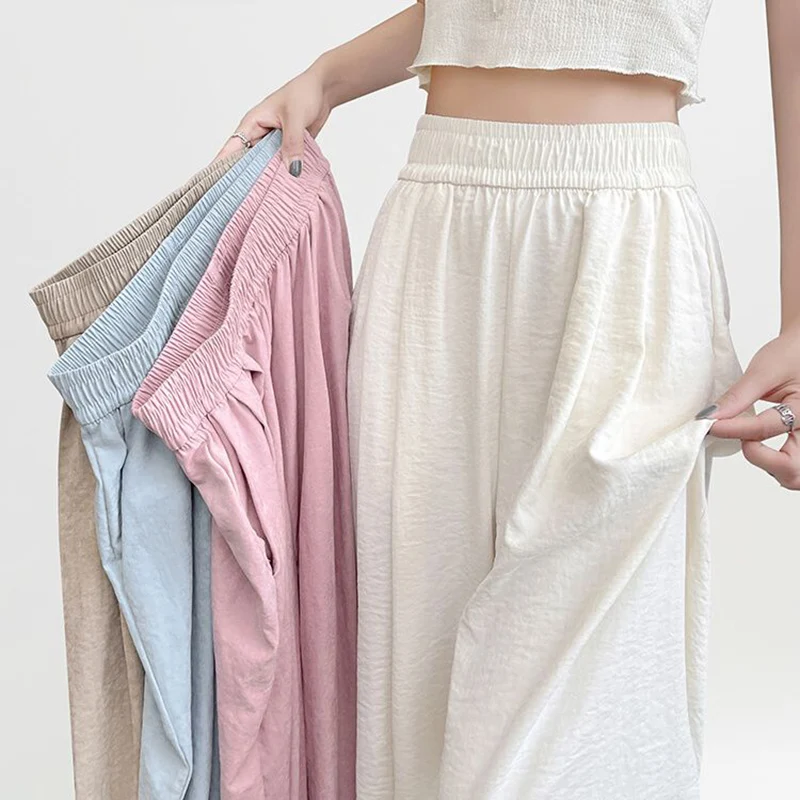 Hot Sale Solid Daily Female Leisure Pants 2025 Girls Fashion High Waist Pants Women Baggy Ice Silk Straight Leg Trousers