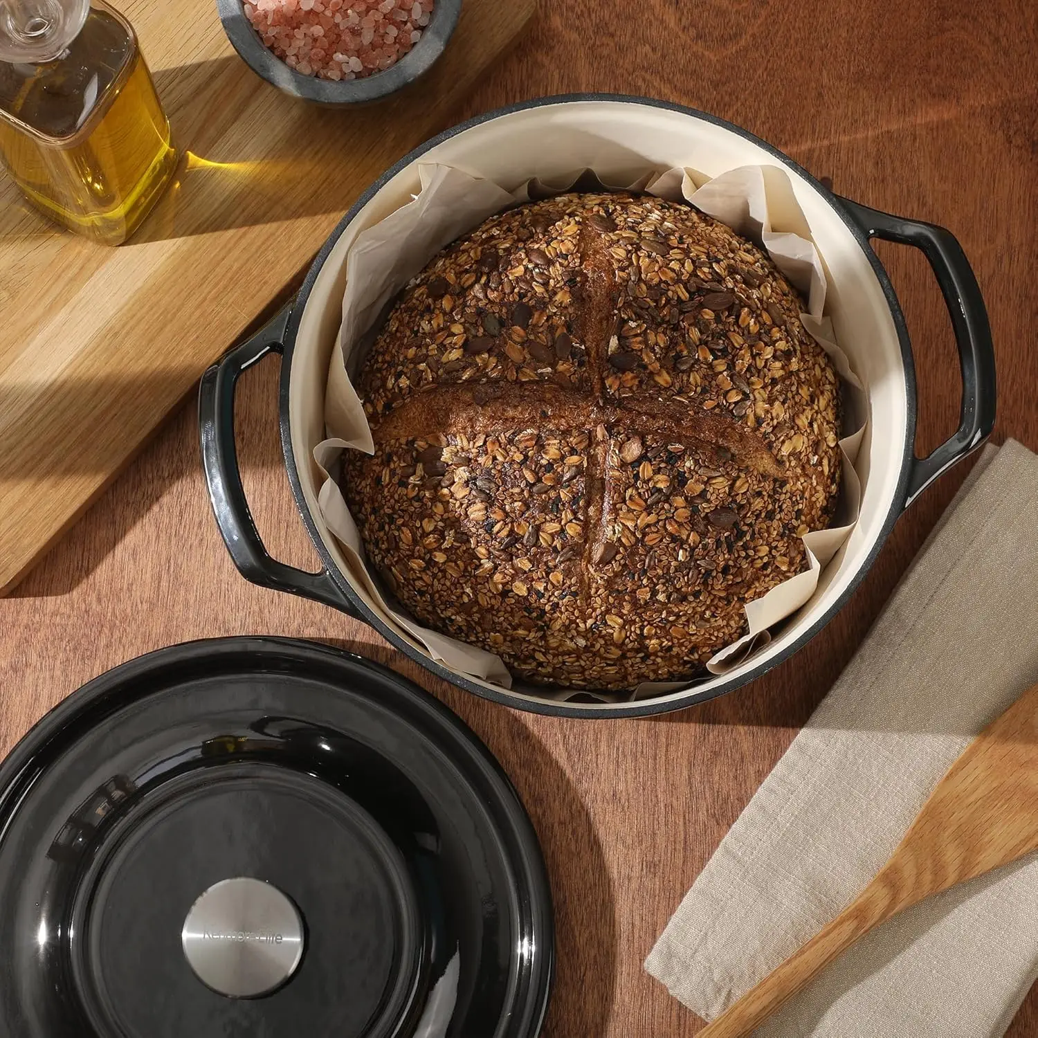 Caçarola de forno holandês de ferro fundido de 5 quartos Oak Park com tampa e esmalte metálico - cinza canna