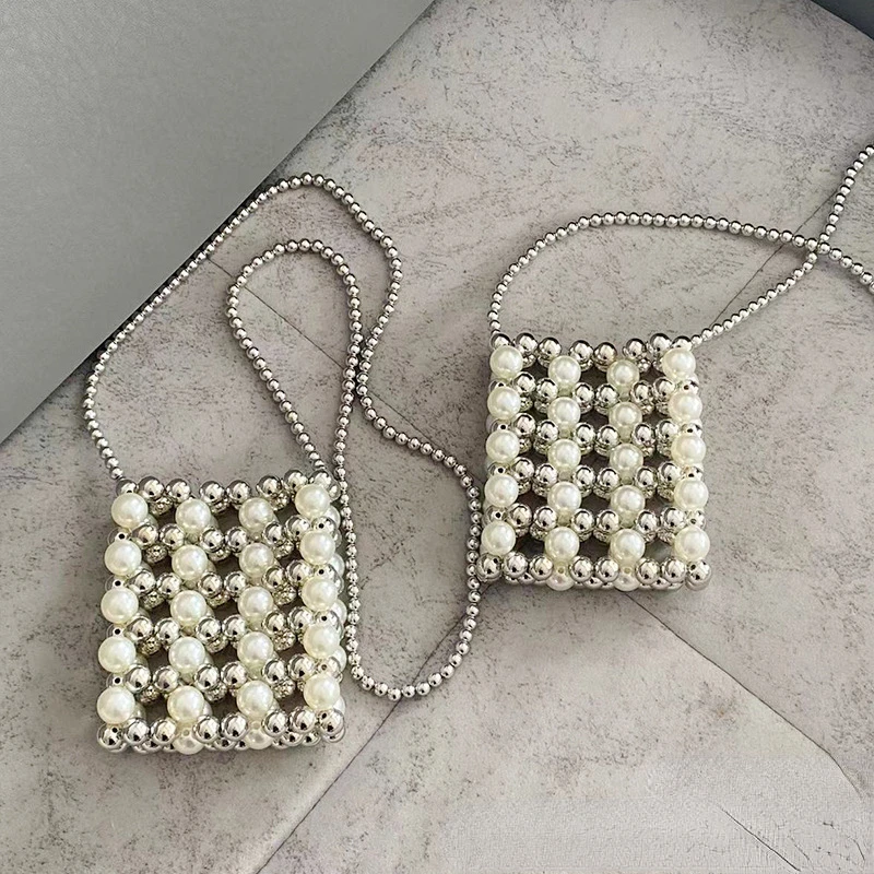 Metal Style Purses for Women Small Phone Flap Crossbody Bag DIY Pearl Woven Wallet Shoulder Bag Girls Coin Pouch Handbag