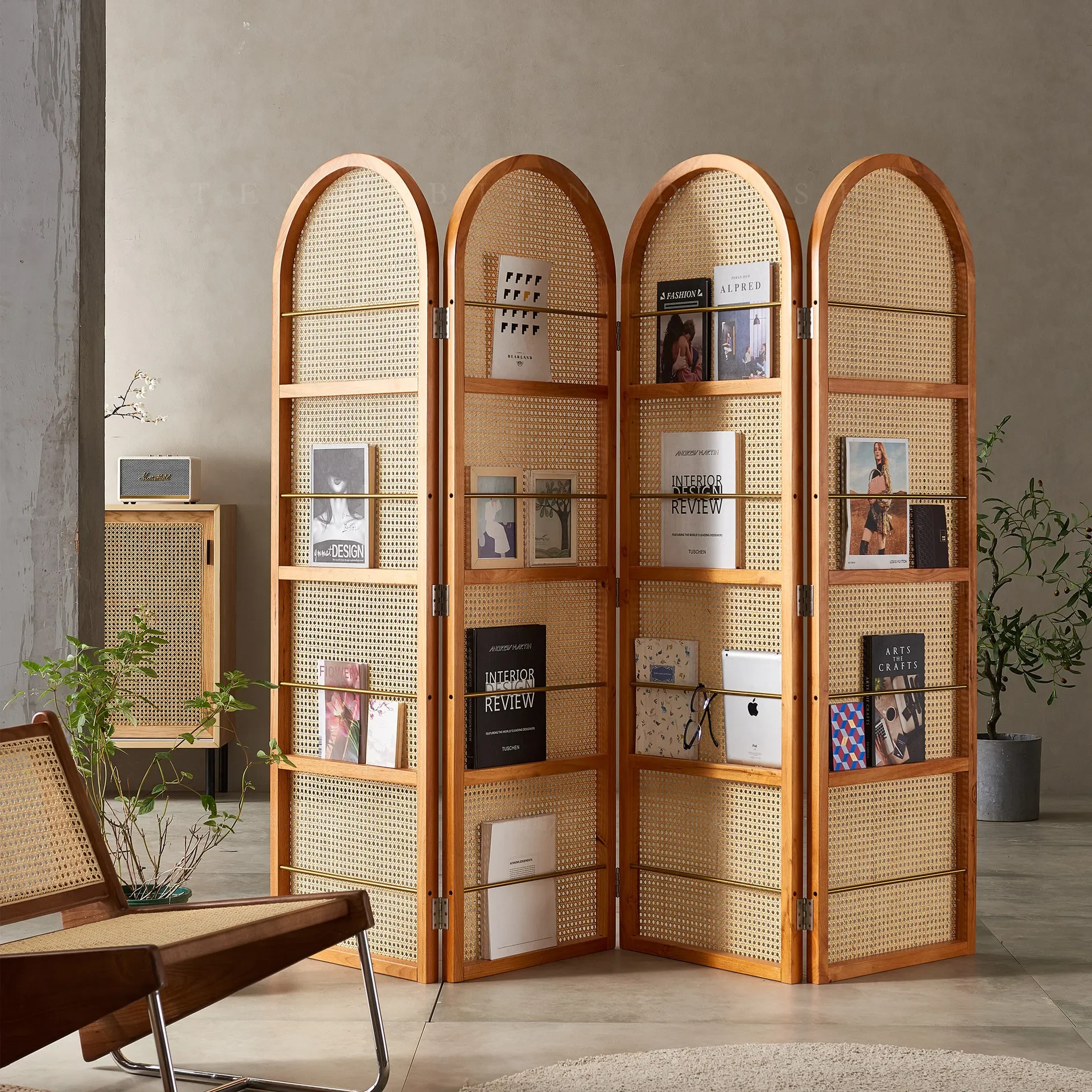 Solid wood rattan screen partition wall retro literary magazine bookshelf blocking small apartment living room simple
