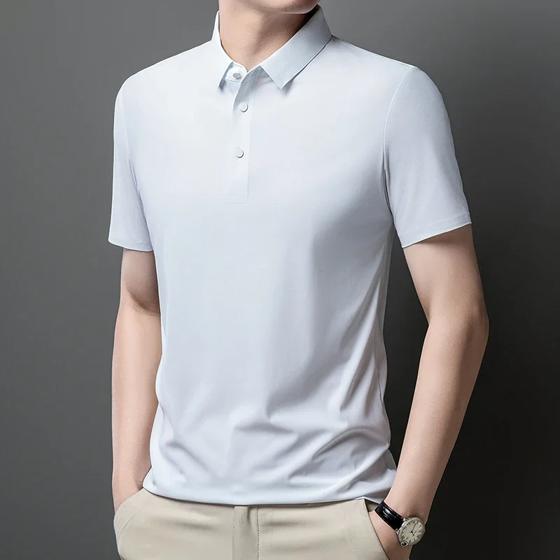

Men Polo Shirt Men Casual Lapels Slim-Fitting Thin Top Men Summer Stretch Ice Silk T-shirt Short Business Sleeve Polo Shirts