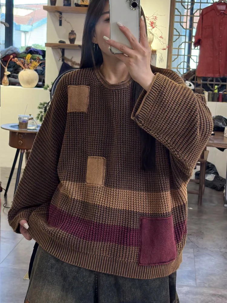 Amax LuluE Autumn Ladies Vintage Knitted Pullover Fashion Big Size Sweaters Womens Leisure Loose Patchwork Warm O Neck Jumpers