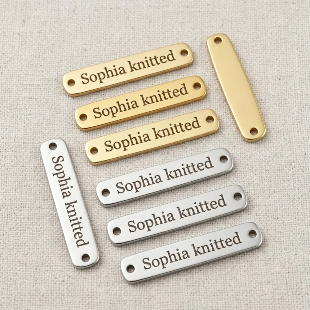 

2pcs Personalized Stainless Steel Clothing Tags Bag Labels for Knits Crochet Hats Laser Custom Engraved Name Date Logo Metal Tag