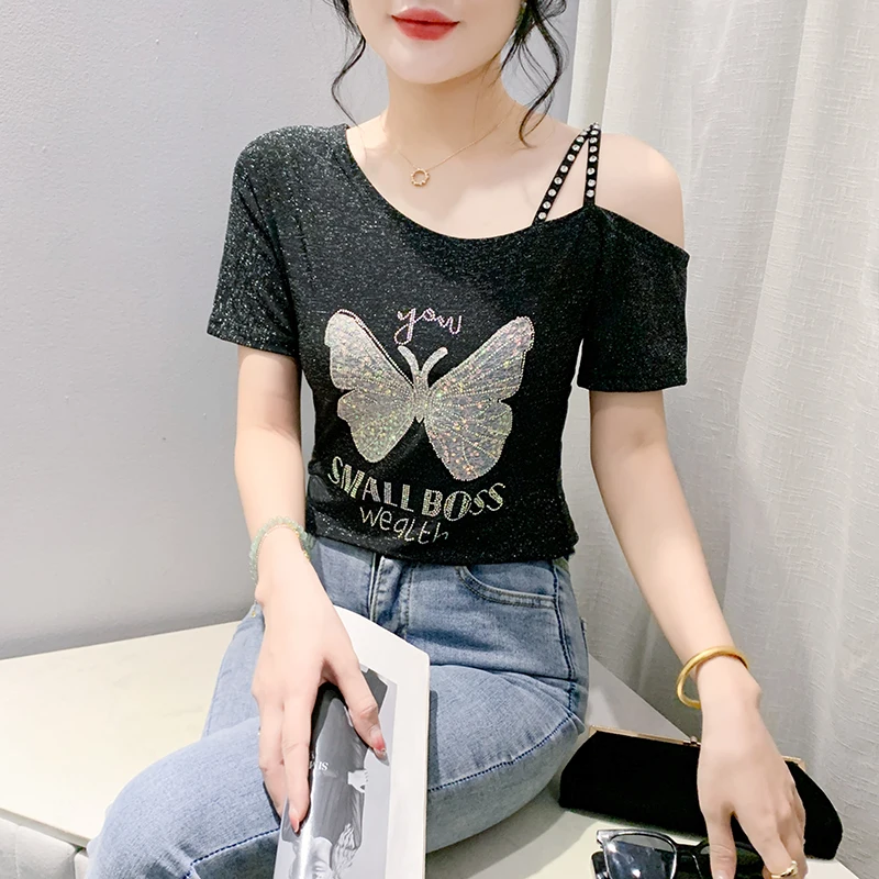 

Black Summer Korean Style T-Shirt Chic Sexy Women Skew Collar Off Shoulder Butterfly Diamonds Tops Short Sleeve Tees 2024 New 45