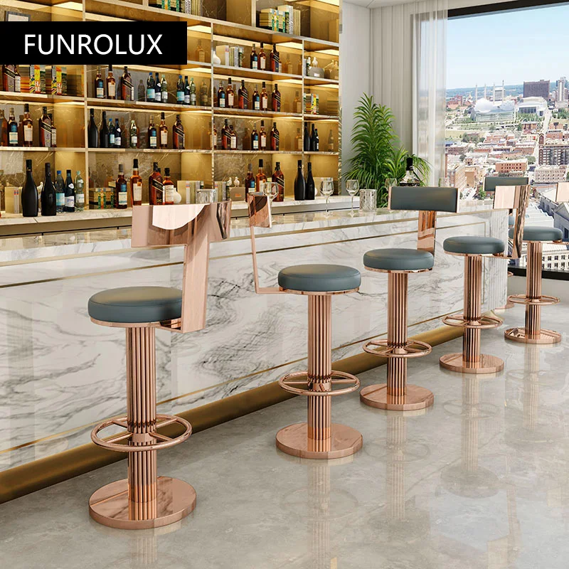 Counter Height Bar Stools with Back, Modern Adjustable Swivel Chair with Polished Rose Stainless Steel Legs for Kitchen Counter