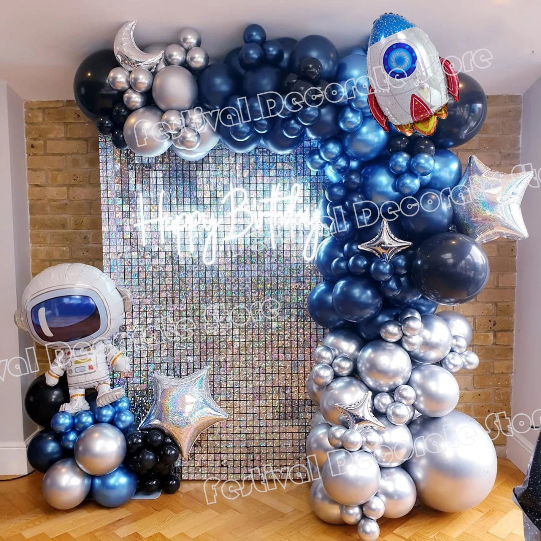 126pcs Rocket Astronaut Outer Space Theme Navy Blue Metallic Sliver Latex Balloon Garland Arch Boys Birthday Party Decoration