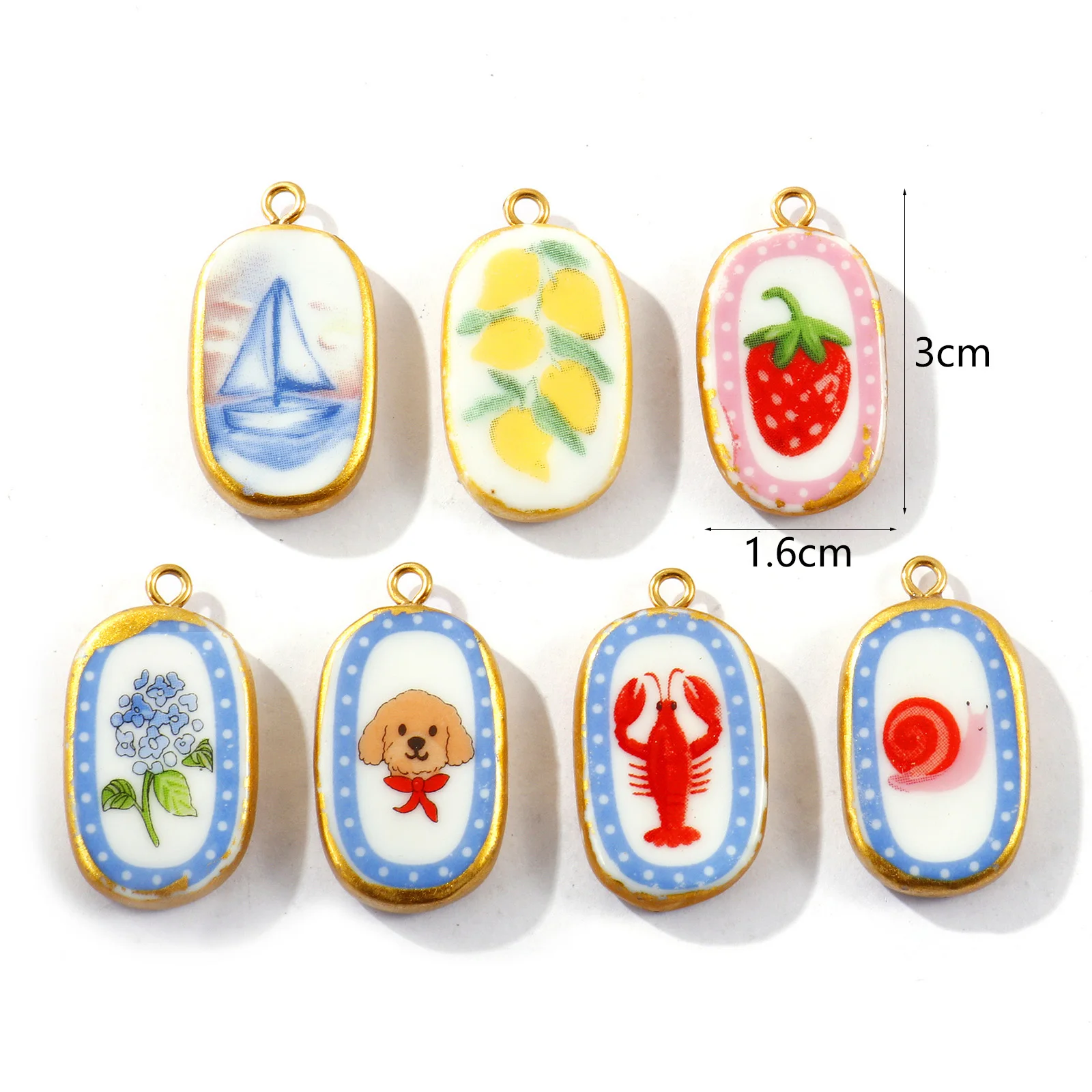 2pcs Stainless Steel Charms Oval Ceramic Multicolor Dog Flower Printed Pendants For Women DIY Necklace Jewelry Gift 3cm X 1.6cm