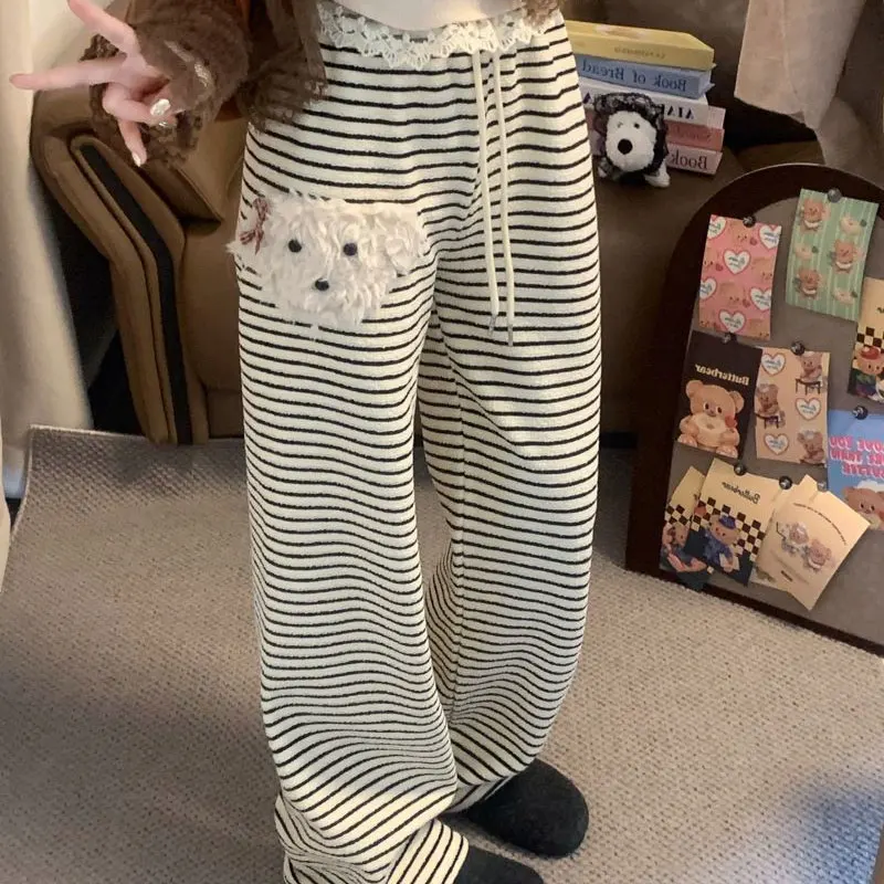 

Милые полосатые плюшевые свободные брюки для щенков, женские широкие эластичные брюки на шнурке, осень-зима, контрастные цвета, шикарные повседневные брюки