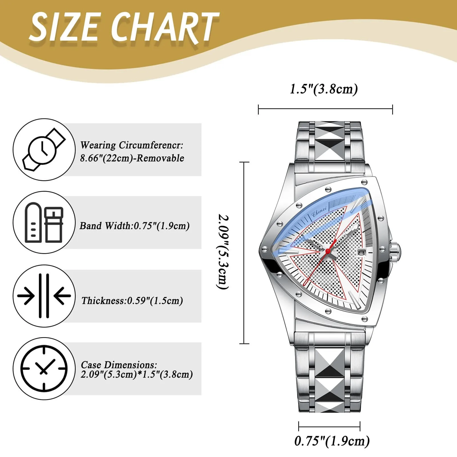 Mens Triangle Dial Quartz Date Watch Stainless Steel Bracelet Luminous Hands Racing Sport Waterproof Luxury Male Clock