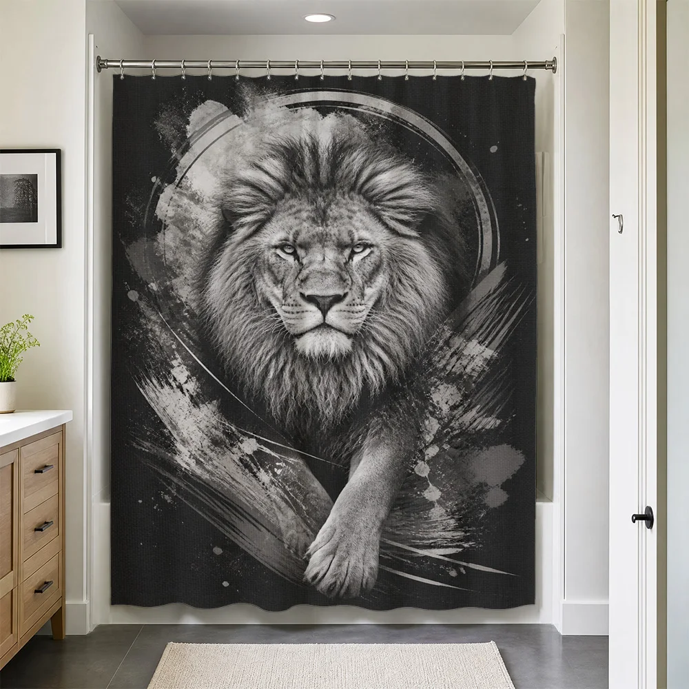Waterproof Lion Shower Curtain Black White Bathroom Decor Animal Art Print Curtain for Modern Jungle Style Master Bath Spa Acces