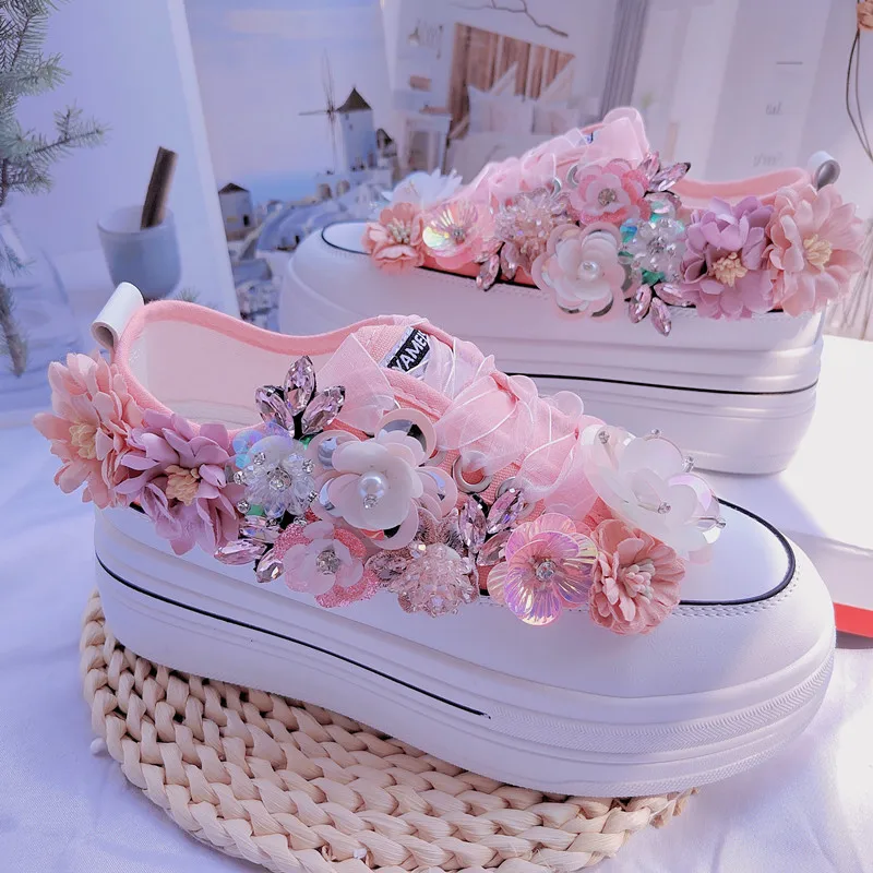 Autumn Pink Floral Beaded Canvas Ladies Shoes 2023 High Platform Casual Sneakers Women Wedding Sports Tennis Vulcanized Shoes