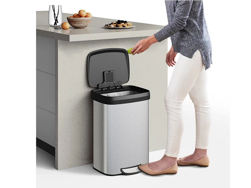 13 Gal / 50L Stainless Steel Step Trash Can – Soft Close Plastic Lid, Liner Rim, Rear Handle, Rustproof Kitchen Garbage Bin, Silver