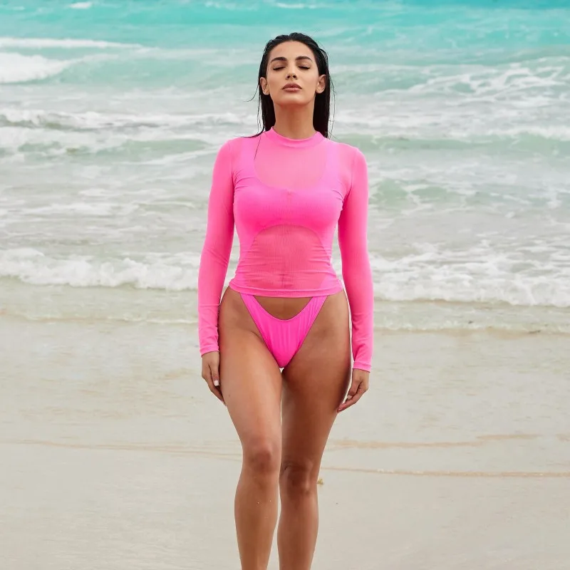 European and American 2023 Summer New Sexy Solid Color Round Neck Mesh Transparent Long Sleeve Top Women's Short T-shirt