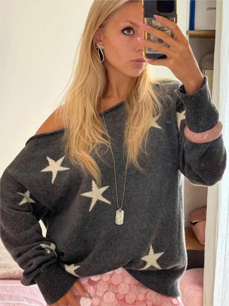 

Spring Women's Clothing Star Sweater Fashionable Sexy Off-Shoulder Loose Top All-match Simple Style Pullover Vintage Street Wind