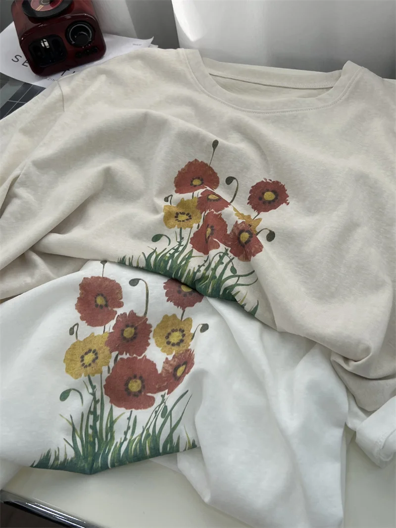 

Breathable Comfortable Ice Silk Cotton Short Sleeve T-Shirt Women Loose Floral Print Half Sleeve Top Korean Style Cotton Blend