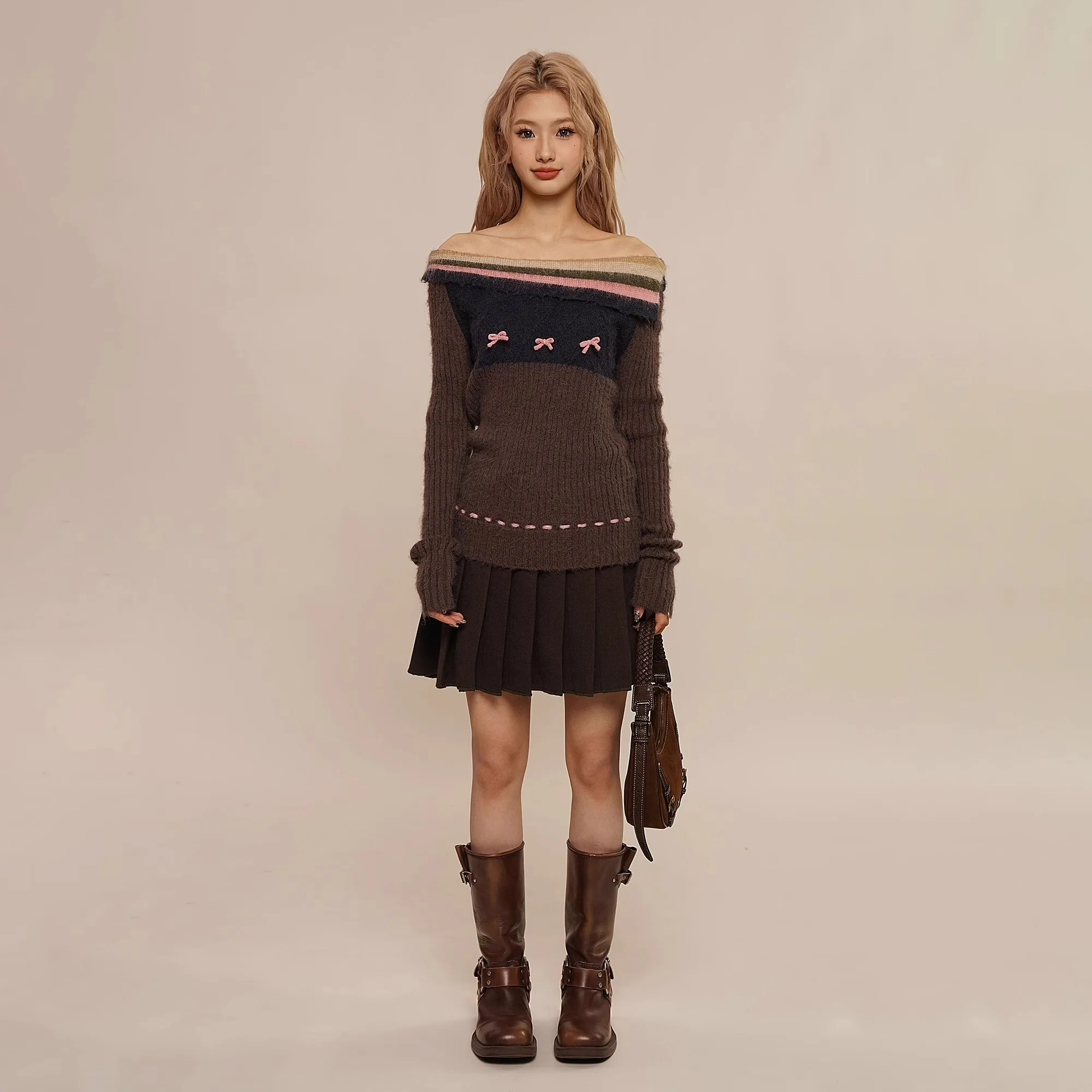 Autumn Winter Preppy Style Sweet Bow Sweater Women Slim Striped Knitted Pullover Loose Korean Fashion Brown High Street Jumper