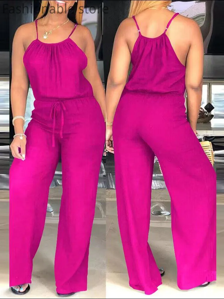 Women Casual Solid Color Spaghetti Strap Drawstring Jumpsuit