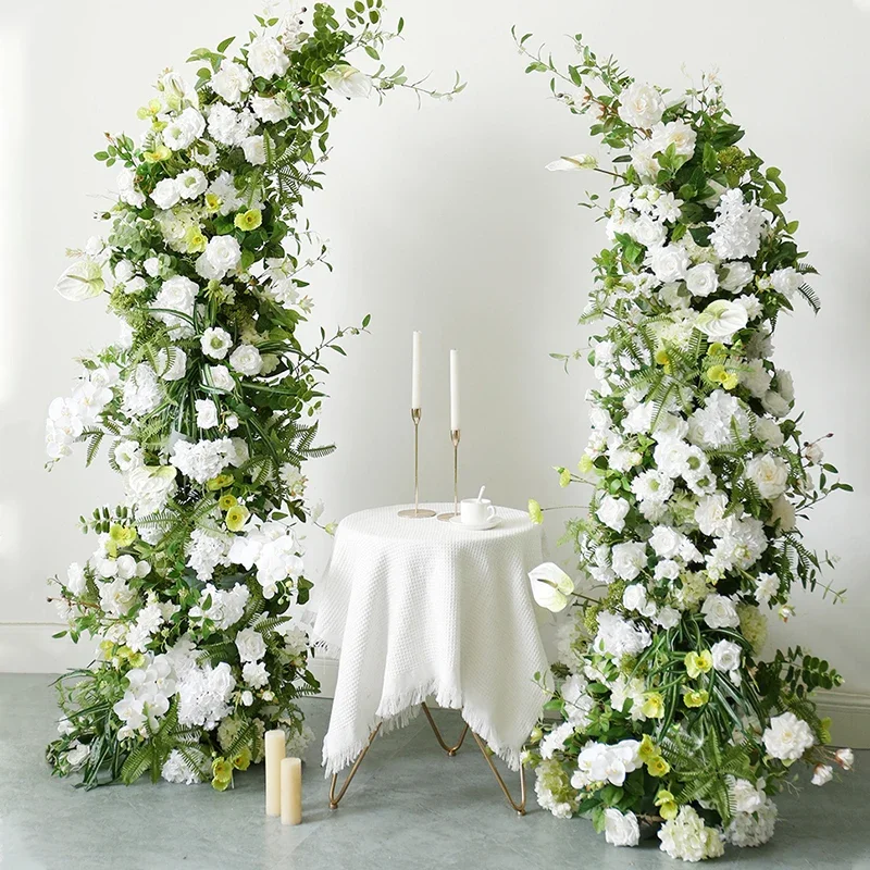 

Customized Artificial White Rose Green Plants Moon Shape Horn Arch Wedding Decoration Floral Backdrop Arrangement Flower Row