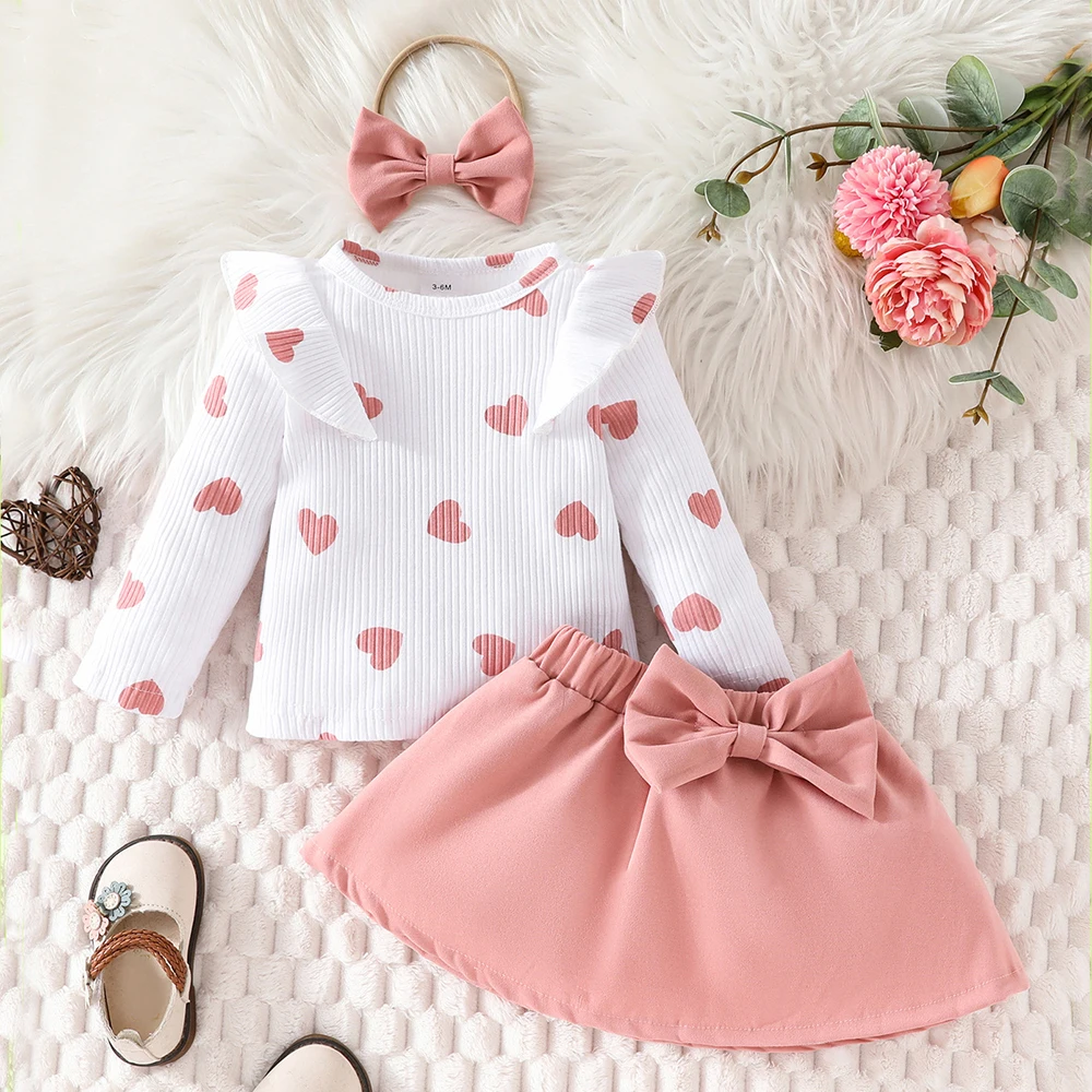 Christmas Baby Clothes Set 3-24M Girls Pit Stripe Heart Print Top Bow Skirt with Headwear 3Pcs Infant Girls Outfits