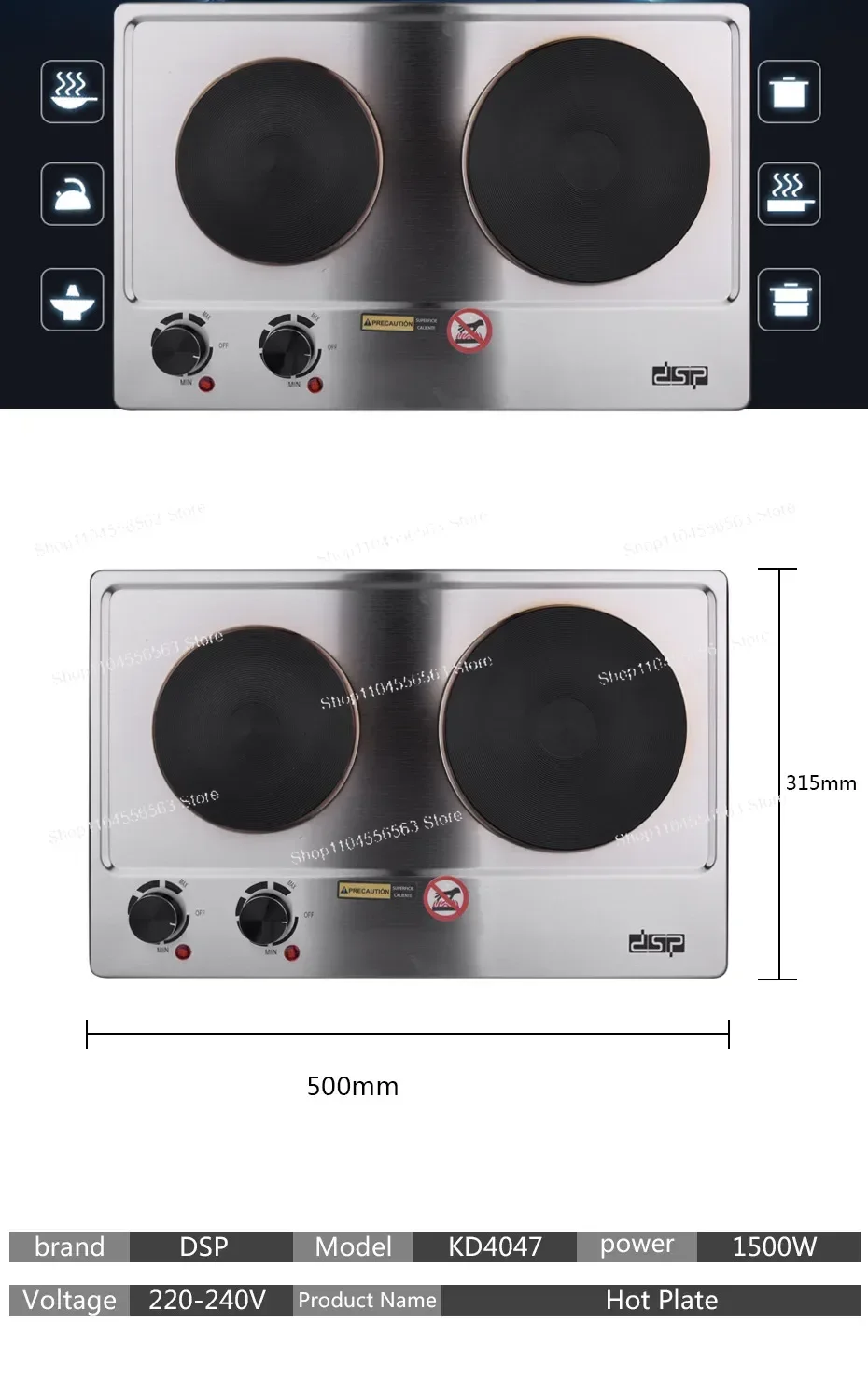 Kompor Listrik Dua Tungku Stainless Steel Daya Tinggi Temperatur Dapat Diatur untuk Penggunaan Rumah Tangga & Kantor dengan Proteksi Keamanan