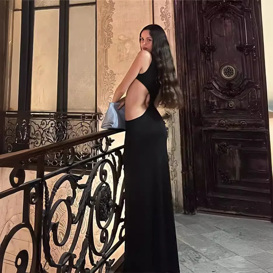 Dsmtrc-女性のためのノースリーブのイブニングドレス,裸の肩,スリムカット,黒の透かし彫りハイウエスト,長いイブニングドレス,セクシー