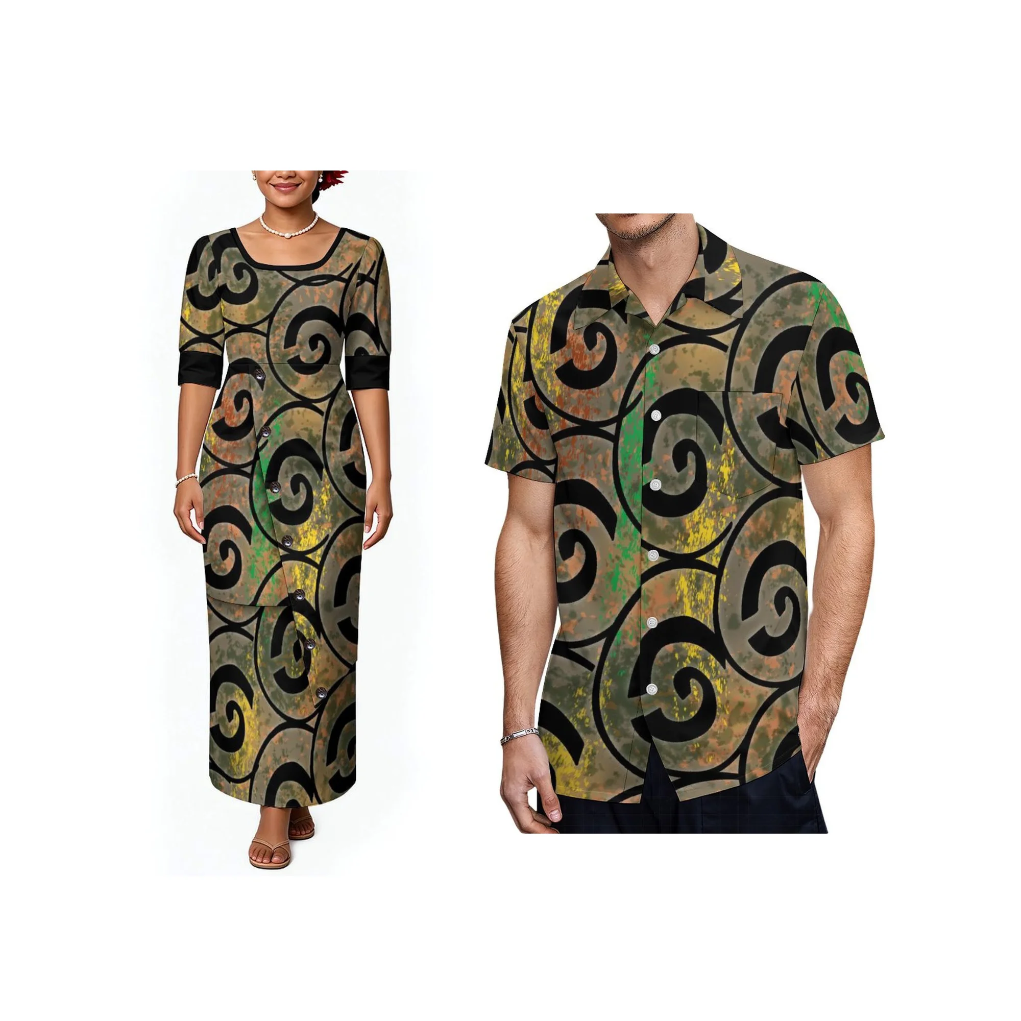 Hot Couple Set Puletasi Print Tribal Floral Women Button Maxi Dress Men Short Sleeve Shirt Matching Outfit Beach