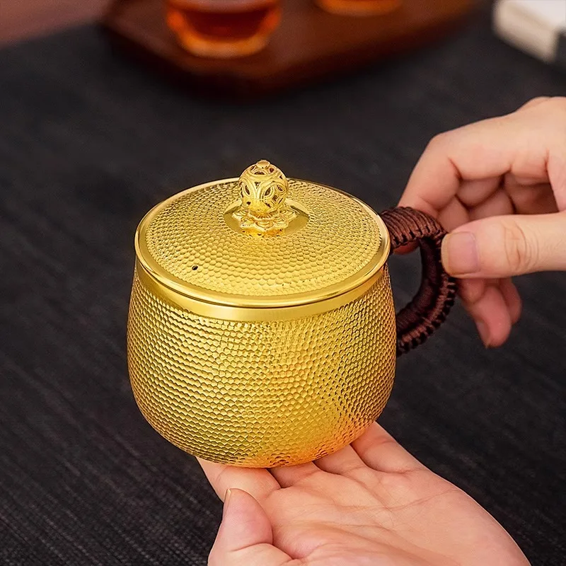 Handmade Hammer Patterned Peony Gold Plated Coffee Cup Pure Silver 99.9% Silver Tea Cup Mug for Special Occasions