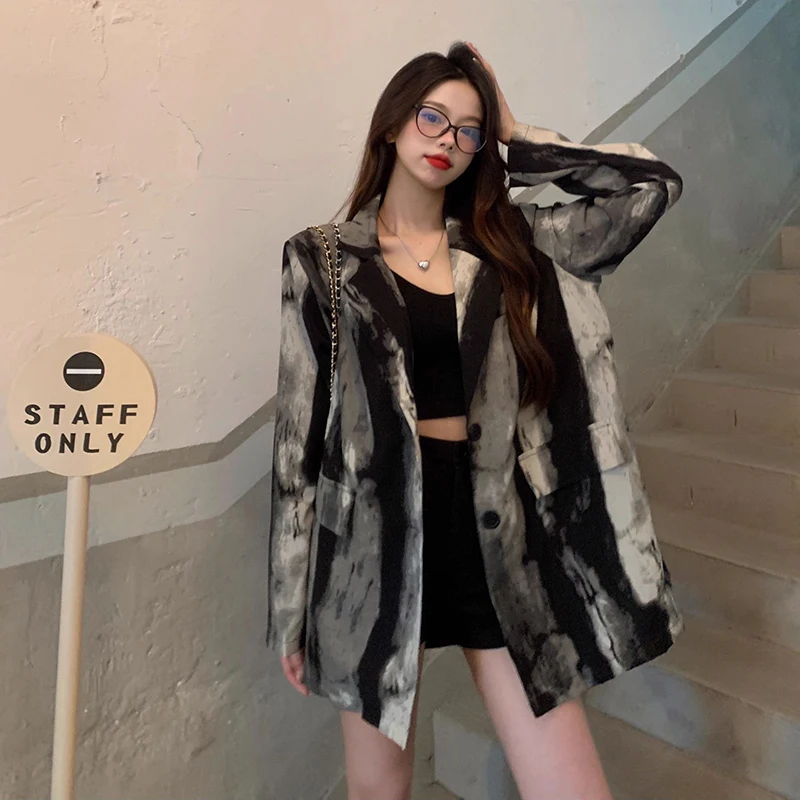 Vintage Tie-Dye Shirt Suit Women2024 New Spring Oversize Office Print Blazer Lady Design Sense Loose Long-Sleeved Blazers Jacket