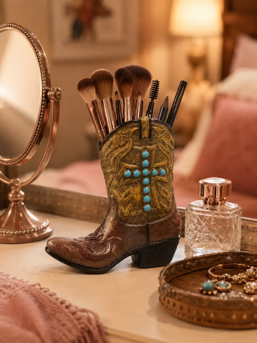 1pc Vintage Western Cowboy Boot Makeup Brush Holder, Cowboy Boot Vase, Retro Resin Makeup Brush Storage Box & Pen Holder, Suitable For Vanity, Country Farmhouse Western Room Decor, Bedroom Bathroom Countertop Home Decor, Women's Gift