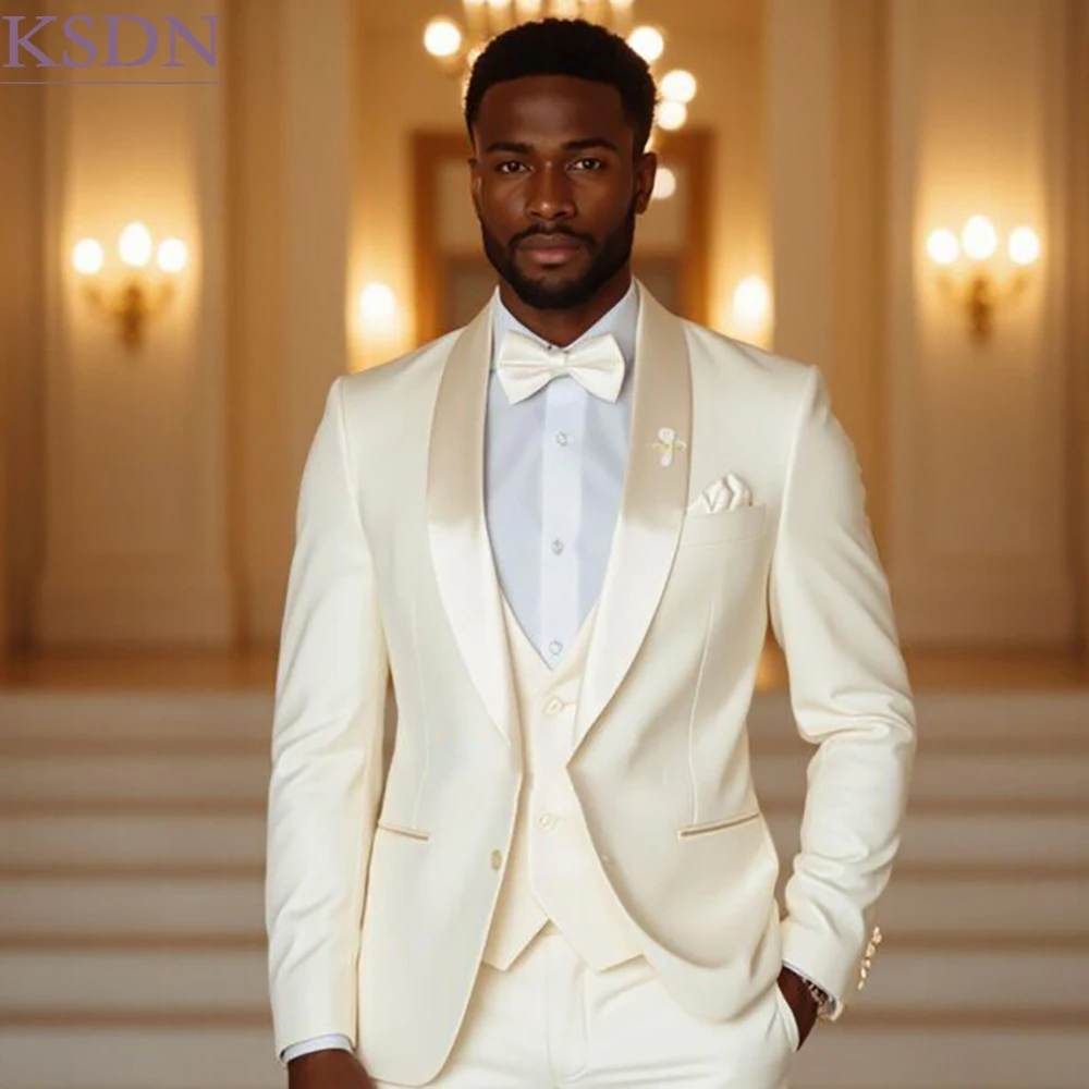 Elegant Wedding Tuxedos Fashion Single Breasted With Satin Shawl Lapel 3 Piece Jacket Pants Vest Slim Fit Suits For Groo
