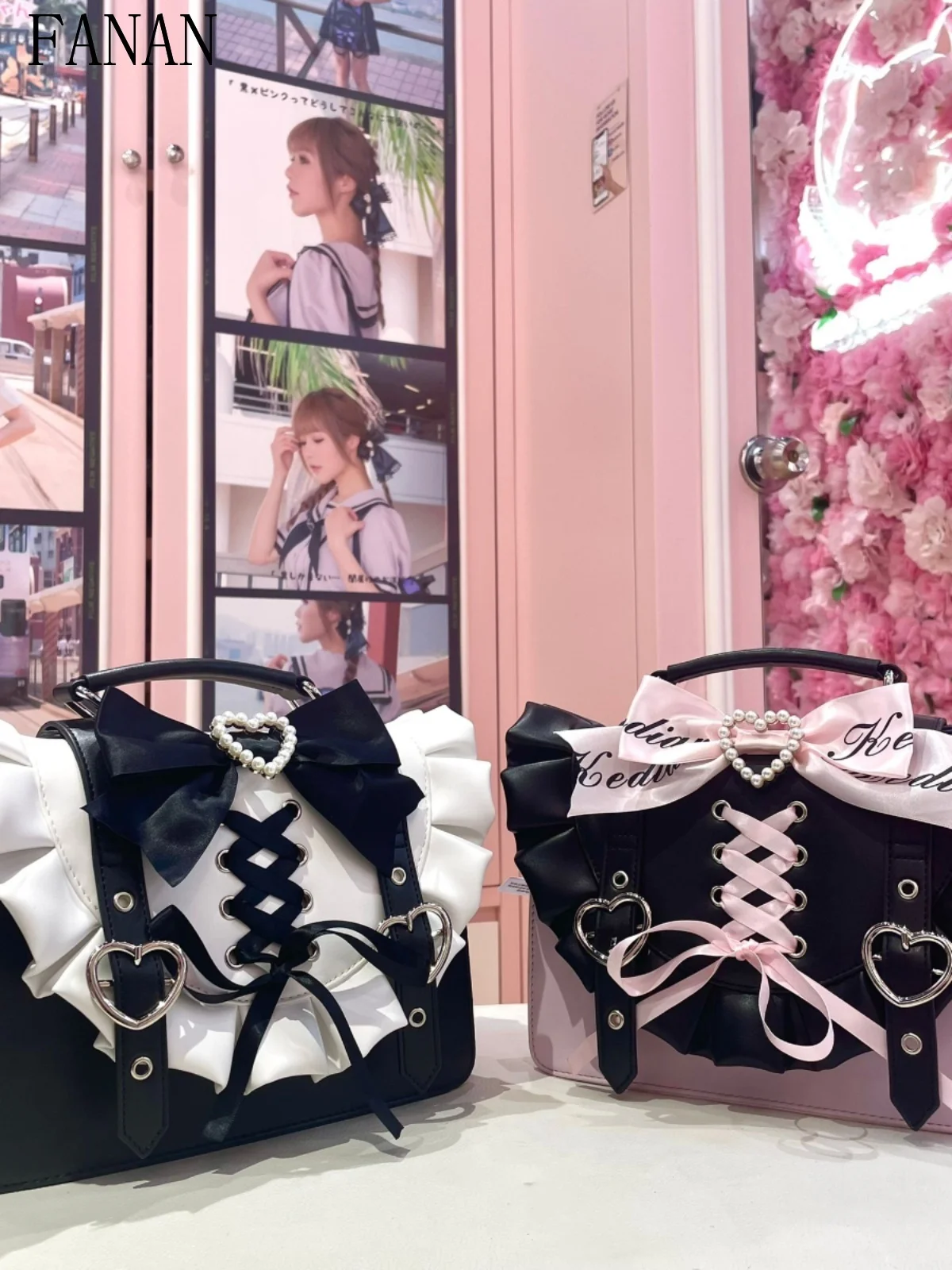 

Kawaii сумки с ручками сверху для девочек, сумка через плечо с бантом и сердечком для женщин, оригинальные женские сумки массового производства в японском стиле