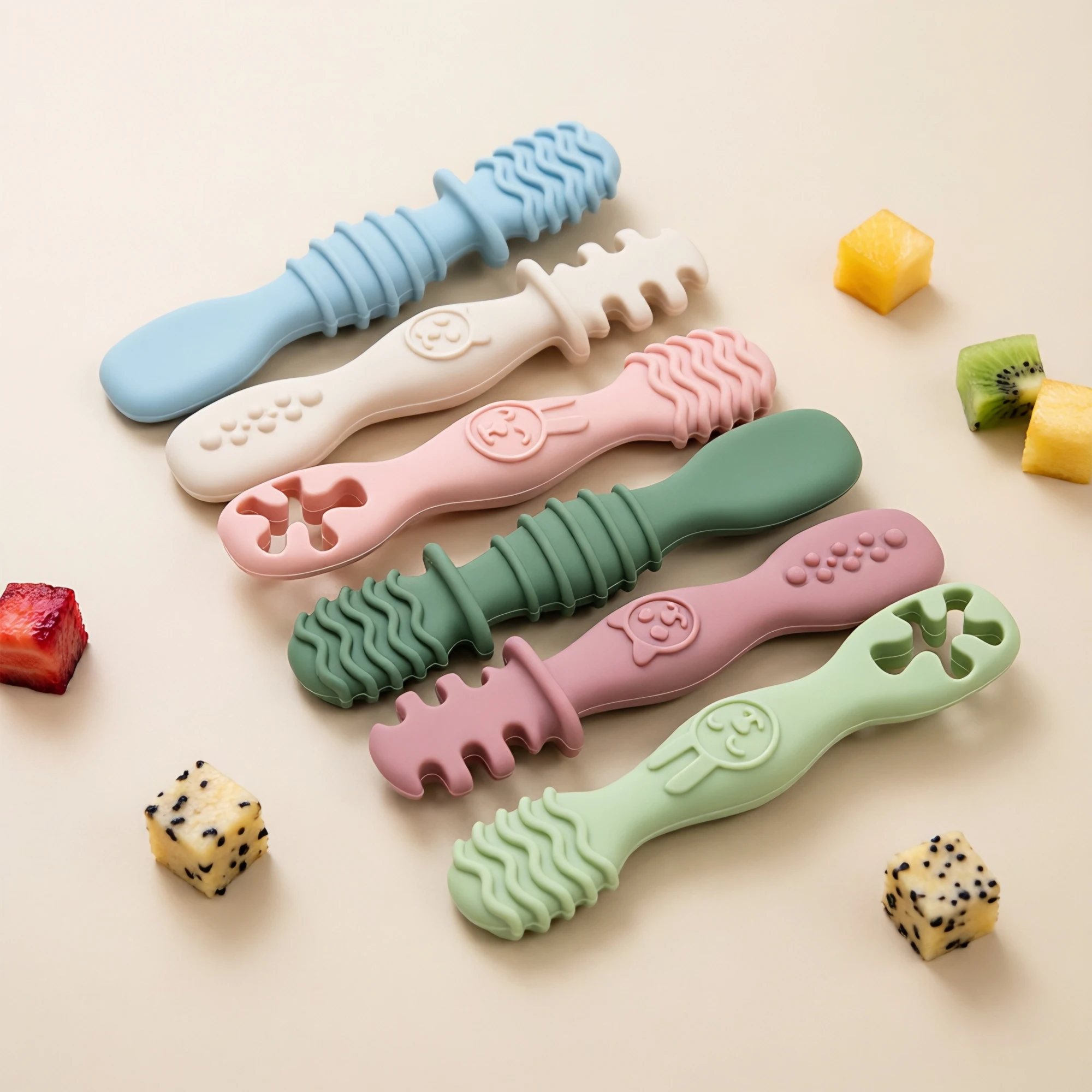 3pcs Silicone Baby Spoon Set Cartoon Rabbit Bear Pattern Chewing Training Spoon Easy Grip Tableware Essential For Newborns