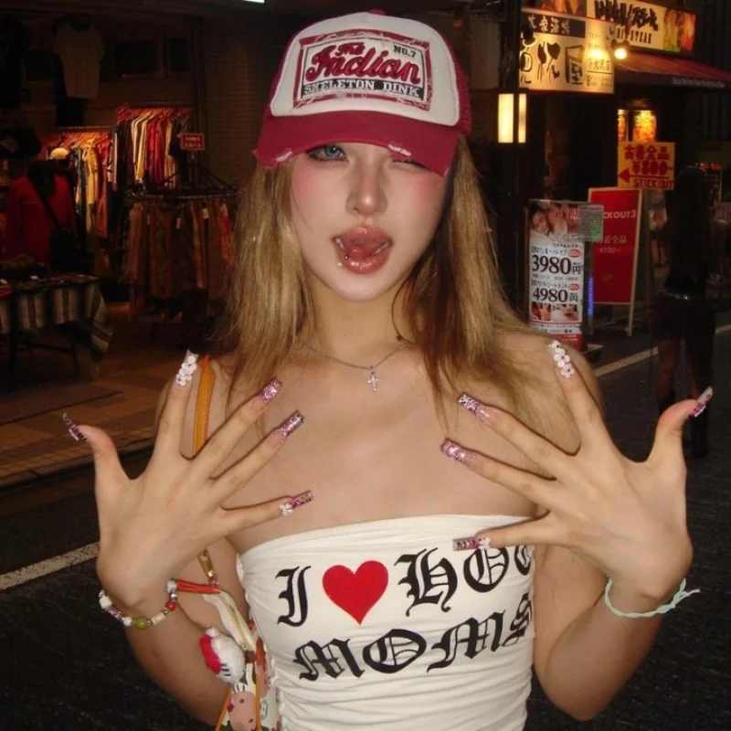 

American retro Sanskrit love print summer Y2K Harajuku style punk spicy girl sexy trend slim fit women's top millennium style