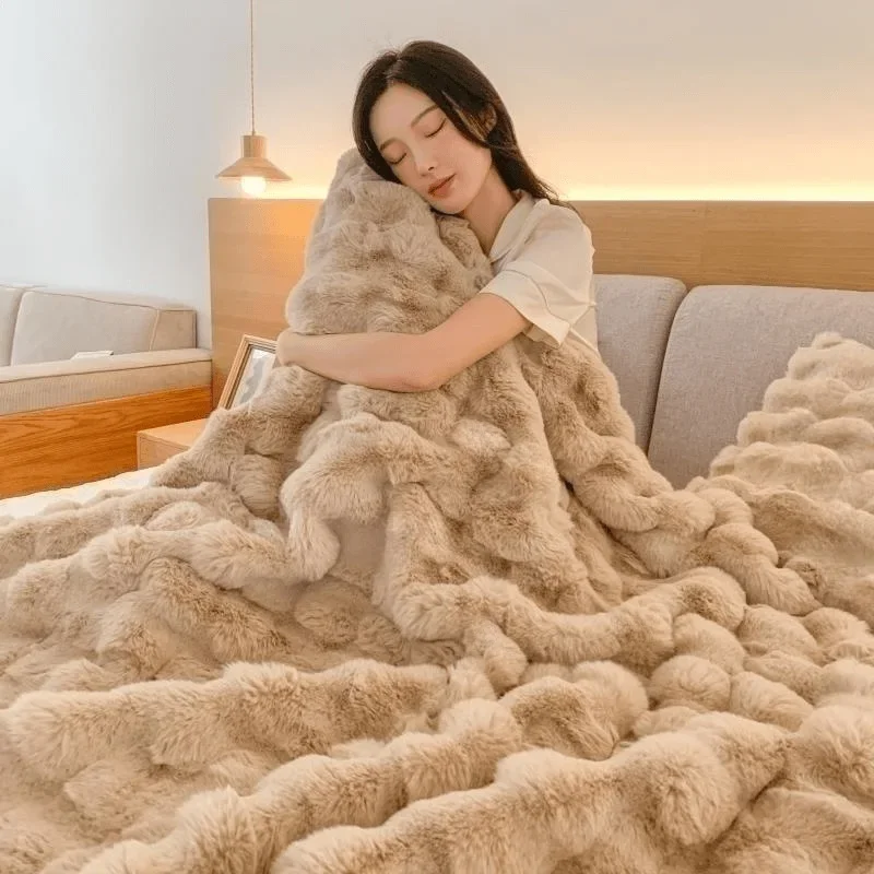 Double-layer  Luxury Coral Micromink Elastic Bubble Twist Rabbit Faux Fur Blanket