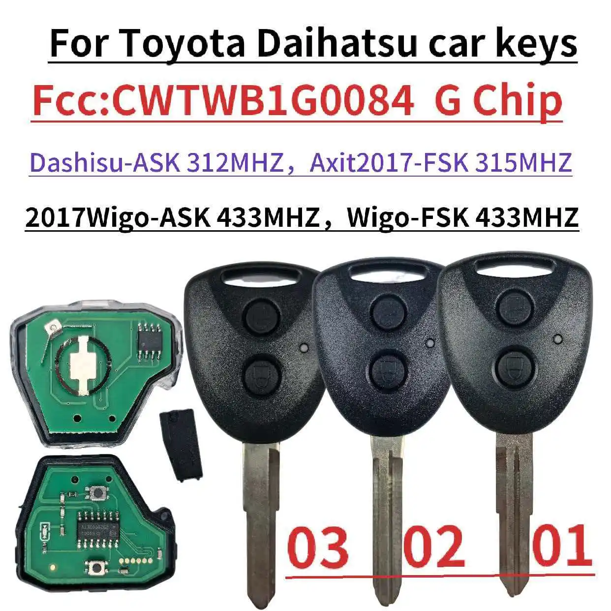 Jingxin CWTWB1G0084 312/315/433MHz G Chip for Toyota AVANZA Wigo Grand for Daihatsu Xenia Alza Myvi Axia Remote key/PCB/Shell